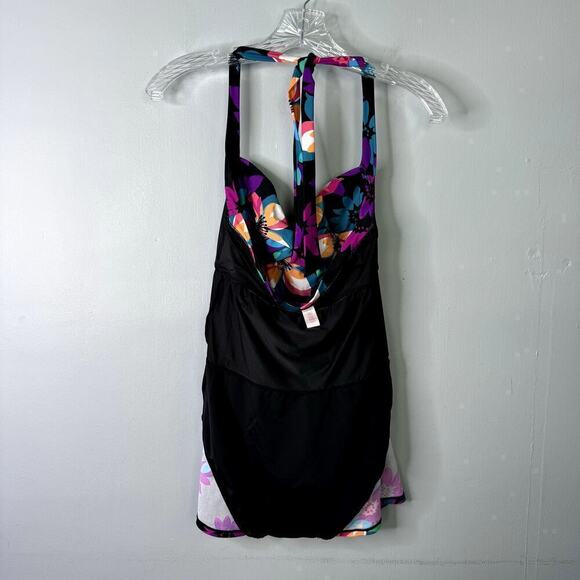 Tropical Escape Floral One Piece Halter Twist Swim Dress Black Multi Womens Sz 6 - Picture 12 of 12